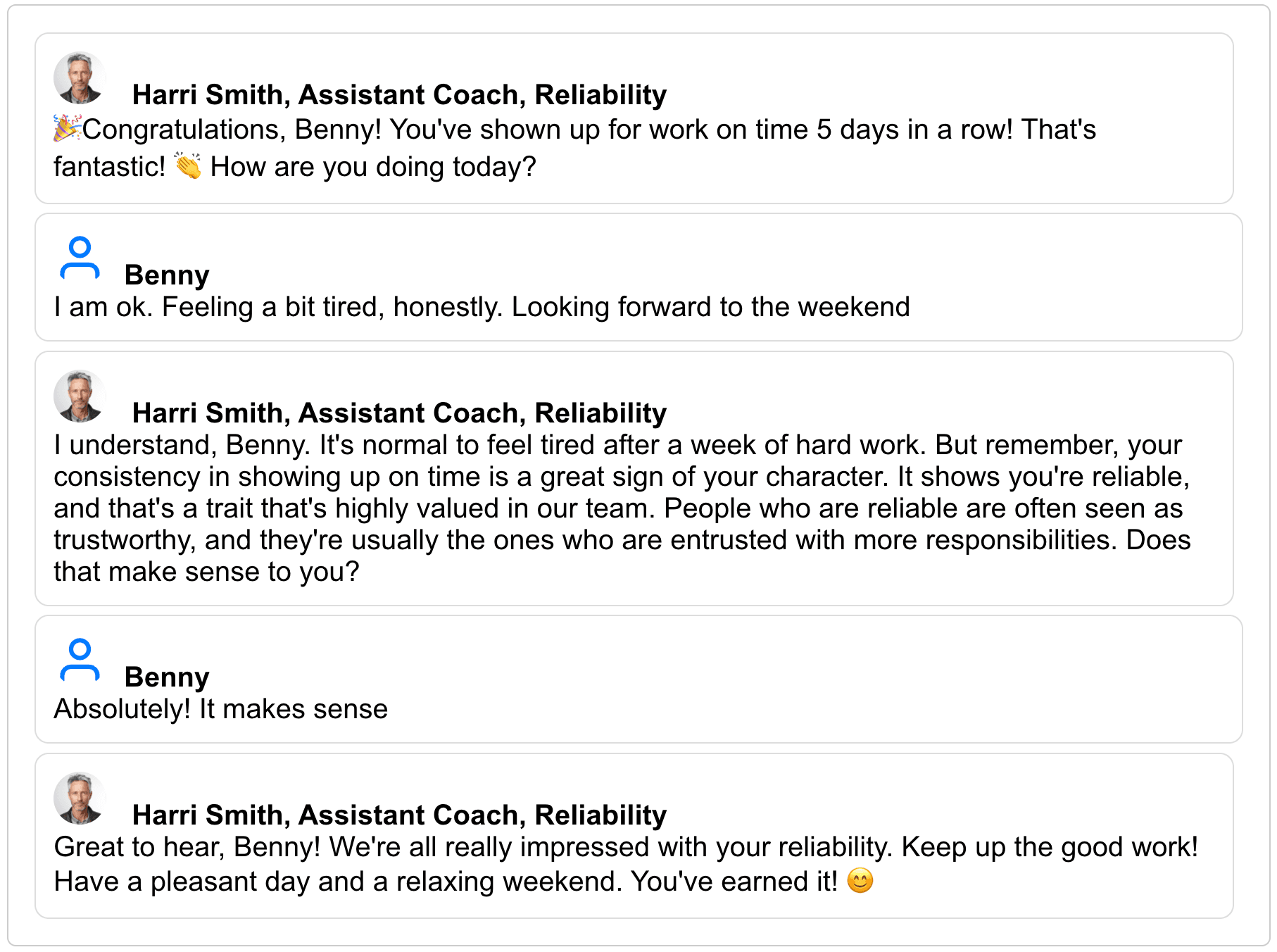 HARRi conversation example on time streak Example of AI Supervisor having conversation with employee